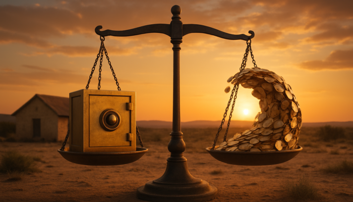 Rustic home in Beaufort West: secure for fixed rates, a wave of coins for variable rates, under a balancing scale at sunset.
