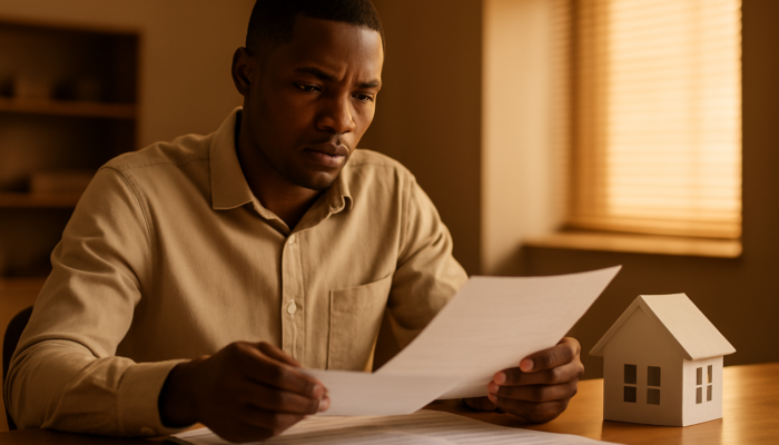Determined applicant from South Africa reviewing payslips and contracts for home loan at the bank.