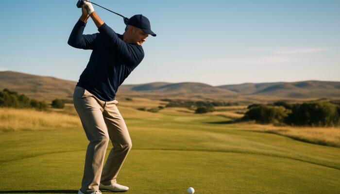 Focused golfer executes slow pitching wedge swing on sunlit Bloemfontein fairway with rolling hills.