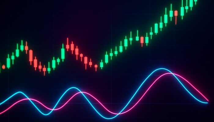 Dynamic trading interface showcasing Trix indicator glowing crossovers, divergences, and rising price candles in a neon setting.