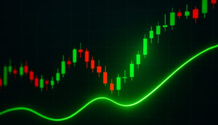 Trading chart displaying the green Trix line crossing above zero among candlesticks, indicating a bullish buy signal