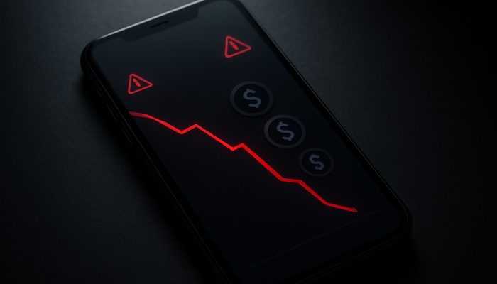 Smartphone app screen showing plunging red line chart of falling bank balances in dark mode.