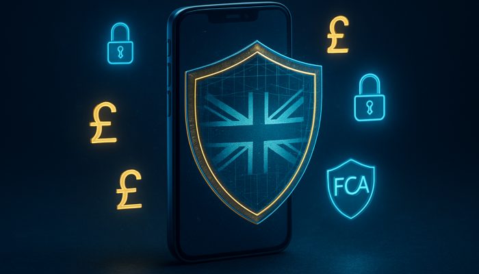 Digital shield safeguarding UK smartphone banking apps with FCA emblem, encryption locks, and pound symbols in blue and gold.