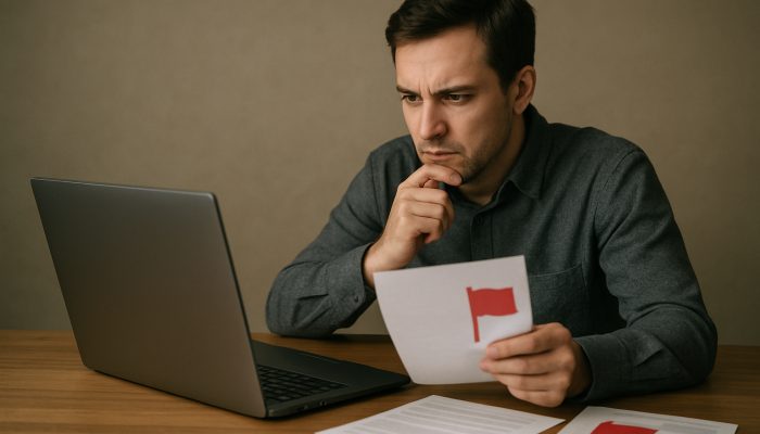 Cautious borrower verifies lender contacts on FCA register laptop amid red warning flags for mismatches