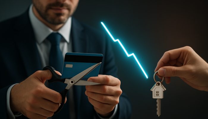 Reducing Utilisation Before Mortgage Checks: Proven Strategies | DCL Professional cuts credit cards with scissors as utilization plummets on chart, unlocking mortgage and home keys.