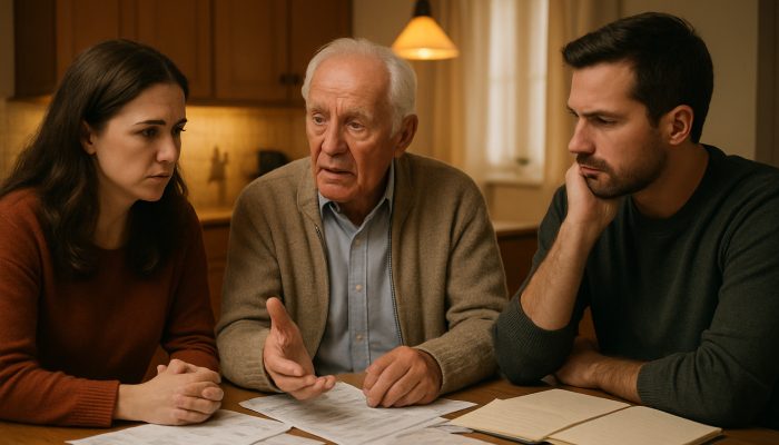Talking to Family About Later Life Debt: Practical Advice | DCL Elderly parent and adult children discussing debt at kitchen table with bills and papers