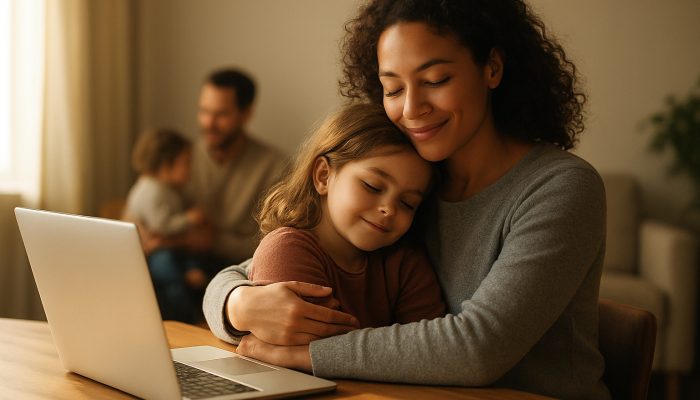 Parent embracing child on lap while working on laptop in sunlit home office