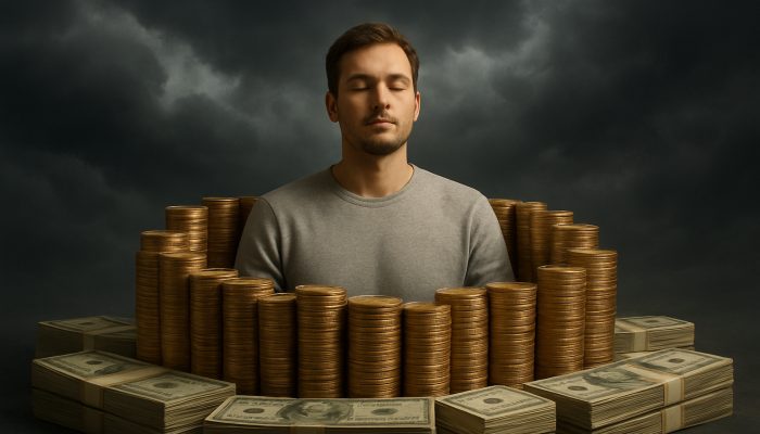 Person protected by a fortress of gold coins amidst stormy clouds, signifying the importance of emergency funds.