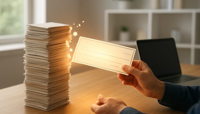 Individual receiving a glowing refund cheque while reducing debt in a modern home office setting.