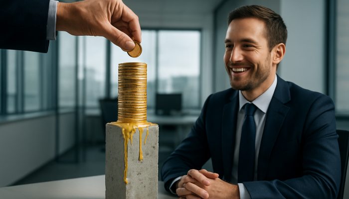 Hand directs tax refund coins onto loan ledger, reducing interest for relieved debtor in UK office.