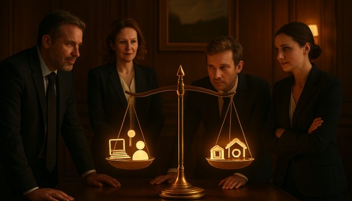 British executives balancing flexible work icons against traditional values on glowing scales in oak office